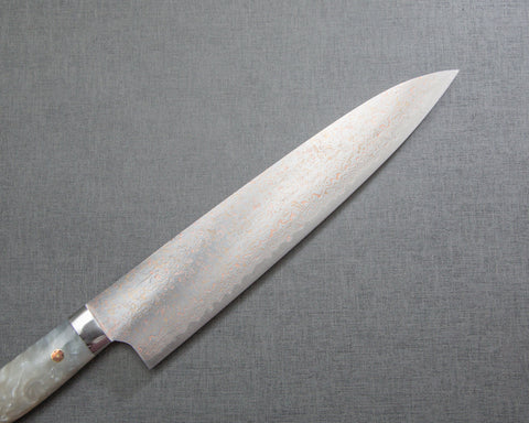 Takeshi Saji VG10 Colored Damascus 240mm Gyuto with Polished White Marble Acrylic Handle