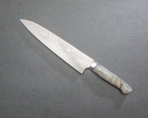 Takeshi Saji VG10 Colored Damascus 240mm Gyuto with Polished White Marble Acrylic Handle