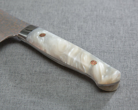 Takeshi Saji VG10 Colored Damascus 240mm Gyuto with Polished White Marble Acrylic Handle