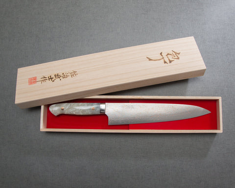 Takeshi Saji VG10 Colored Damascus 240mm Gyuto with Polished White Marble Acrylic Handle