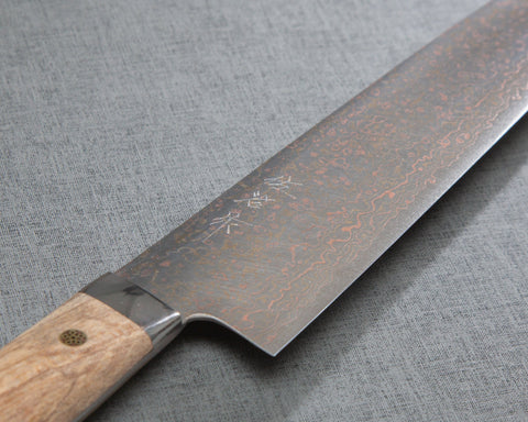 Takeshi Saji VG10 Colored Damascus 240mm Gyuto with Stabilized Wood Handle