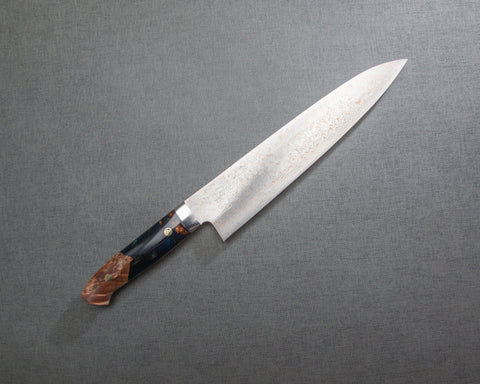 Takeshi Saji VG10 Colored Damascus 240mm Gyuto with Stabilized Wood / Polished Azurite Malachite Acrylic Handle
