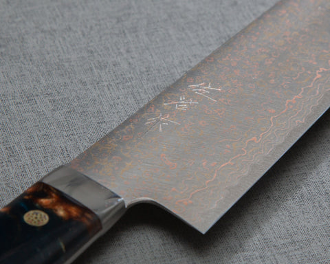 Takeshi Saji VG10 Colored Damascus 240mm Gyuto with Stabilized Wood / Polished Azurite Malachite Acrylic Handle