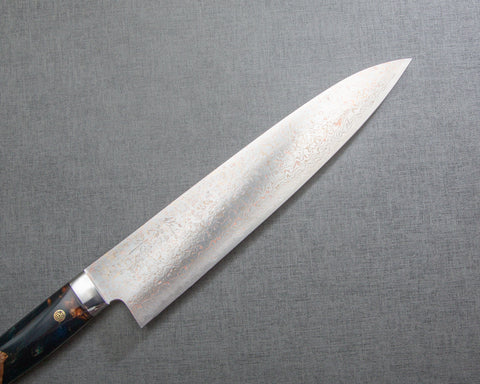 Takeshi Saji VG10 Colored Damascus 240mm Gyuto with Stabilized Wood / Polished Azurite Malachite Acrylic Handle