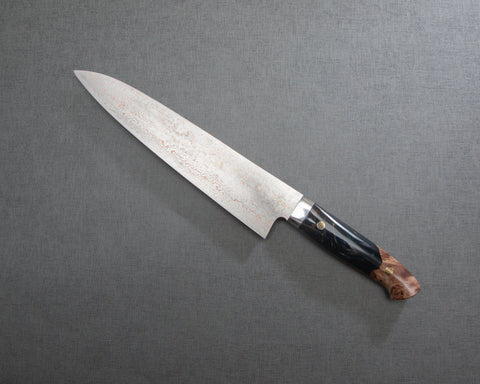 Takeshi Saji VG10 Colored Damascus 240mm Gyuto with Stabilized Wood / Polished Azurite Malachite Acrylic Handle