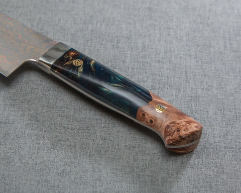 Takeshi Saji VG10 Colored Damascus 240mm Gyuto with Stabilized Wood / Polished Azurite Malachite Acrylic Handle