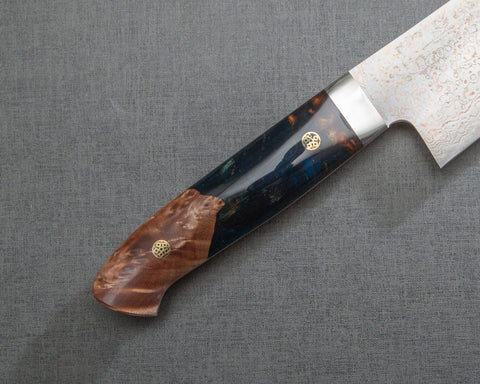 Takeshi Saji VG10 Colored Damascus 240mm Gyuto with Stabilized Wood / Polished Azurite Malachite Acrylic Handle