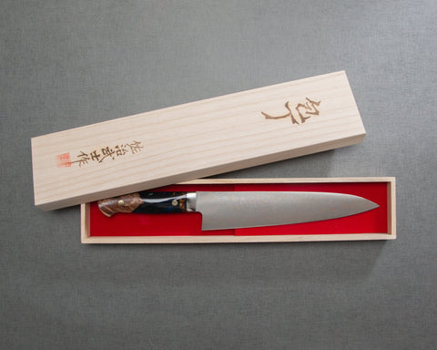 Takeshi Saji VG10 Colored Damascus 240mm Gyuto with Stabilized Wood / Polished Azurite Malachite Acrylic Handle