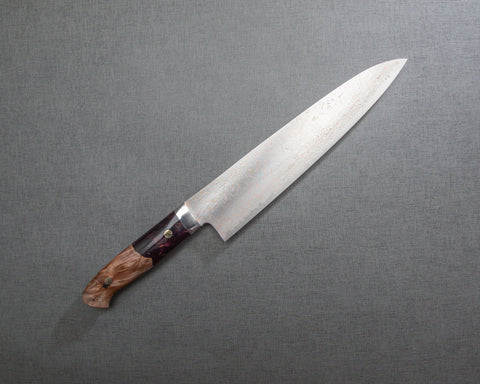 Takeshi Saji VG10 Colored Damascus 240mm Gyuto with Stabilized Wood / Polished Magenta Marble Acrylic Handle