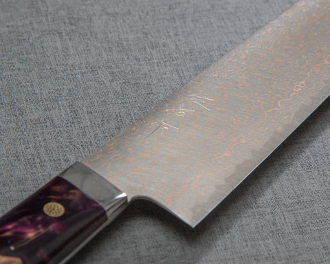 Takeshi Saji VG10 Colored Damascus 240mm Gyuto with Stabilized Wood / Polished Magenta Marble Acrylic Handle