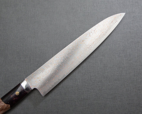 Takeshi Saji VG10 Colored Damascus 240mm Gyuto with Stabilized Wood / Polished Magenta Marble Acrylic Handle