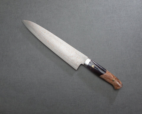 Takeshi Saji VG10 Colored Damascus 240mm Gyuto with Stabilized Wood / Polished Magenta Marble Acrylic Handle