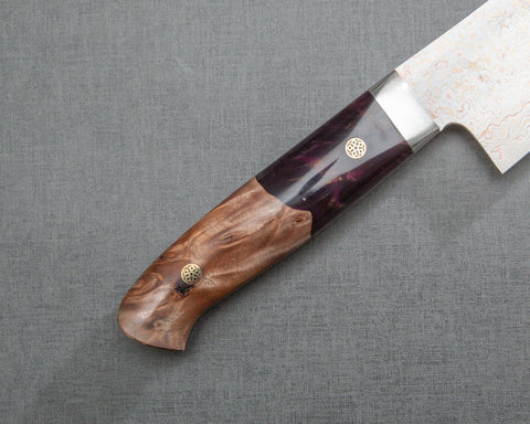 Takeshi Saji VG10 Colored Damascus 240mm Gyuto with Stabilized Wood / Polished Magenta Marble Acrylic Handle