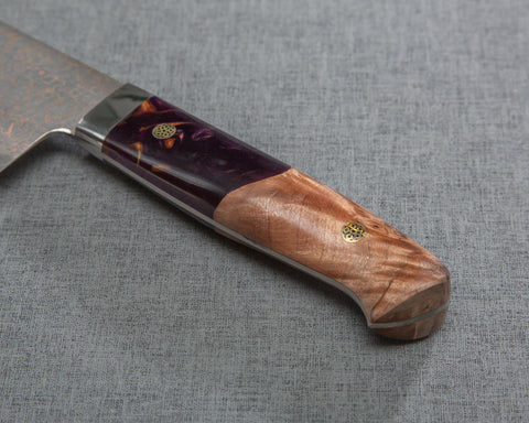 Takeshi Saji VG10 Colored Damascus 240mm Gyuto with Stabilized Wood / Polished Magenta Marble Acrylic Handle