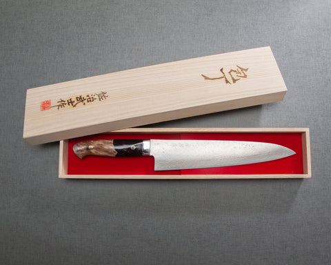 Takeshi Saji VG10 Colored Damascus 240mm Gyuto with Stabilized Wood / Polished Magenta Marble Acrylic Handle