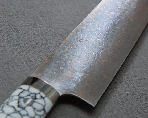 Takeshi Saji VG10 Colored Damascus Gyuto with White Turquoise Handle