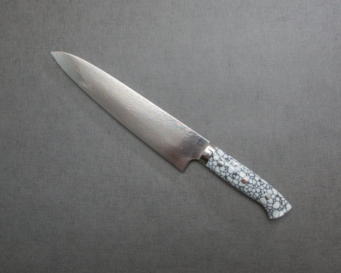 Takeshi Saji VG10 Colored Damascus Gyuto with White Turquoise Handle