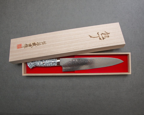 Takeshi Saji VG10 Colored Damascus Gyuto with White Turquoise Handle