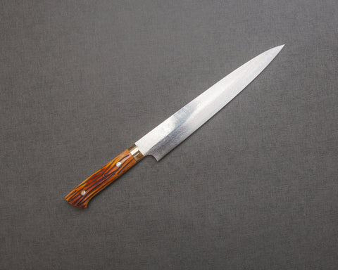 Takeshi Saji VG10 Colored Damascus Sujihiki with Orange Bone Handle