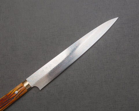 Takeshi Saji VG10 Colored Damascus Sujihiki with Orange Bone Handle
