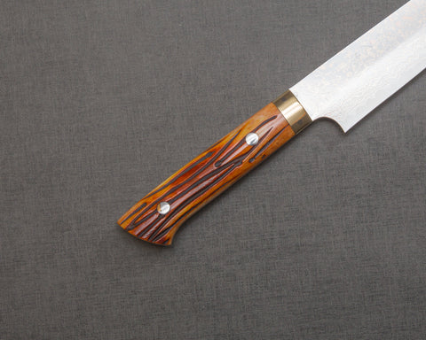 Takeshi Saji VG10 Colored Damascus Sujihiki with Orange Bone Handle