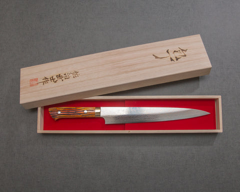 Takeshi Saji VG10 Colored Damascus Sujihiki with Orange Bone Handle