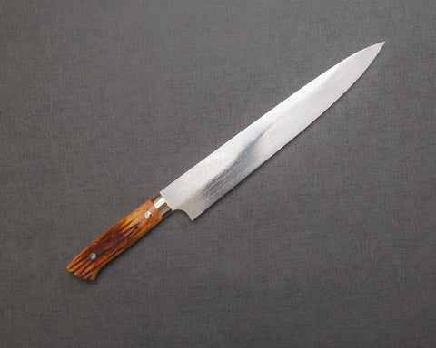Takeshi Saji VG10 Colored Damascus Sujihiki with Orange Bone Handle