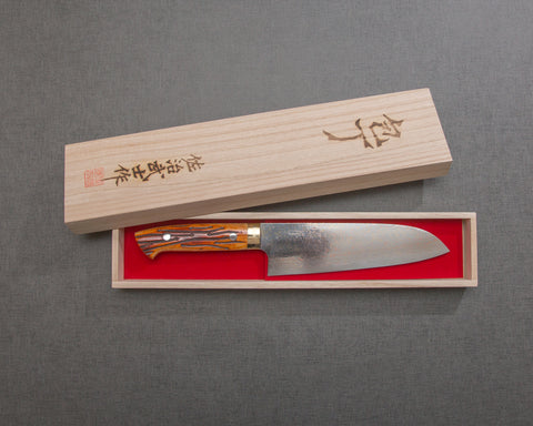 Takeshi Saji VG10 Colored Damascus 180mm Santoku with Orange Bone Handle