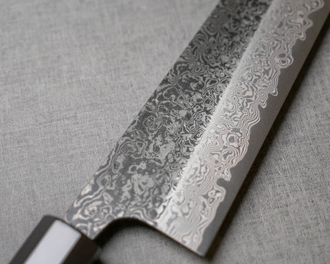 Yoshikane SLD Kurosome Damascus 210mm Kiritsuke Gyuto with Charred Chestnut / Buffalo Horn Handle