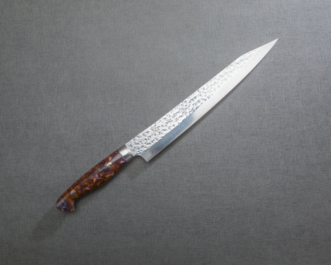 Yu Kurosaki "Senko" R2/SG2 240mm Kiritsuke Sujihiki with Polished Flowing Amber and Amethyst Acrylic Handle
