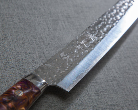 Yu Kurosaki "Senko" R2/SG2 240mm Kiritsuke Sujihiki with Polished Flowing Amber and Amethyst Acrylic Handle