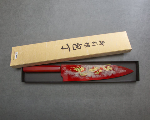 Yoshihiro ZA-18 Damascus 240mm Gyuto with Urushi Handle and Maki-e Art (Unryu) Saya