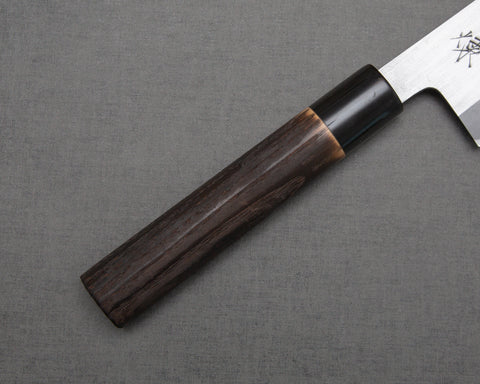 Mutsumi Hinoura Aogami #2 "Sentsuchi Hyakuren" 240mm Gyuto with Charred Chestnut Handle