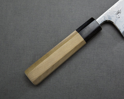 Yoshihiro Yauji Aogami #2 Damascus 180mm Deba with Magnolia Buffalo Horn Handle