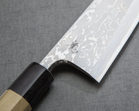 Yoshihiro Yauji Aogami #2 Damascus 180mm Deba with Magnolia Buffalo Horn Handle