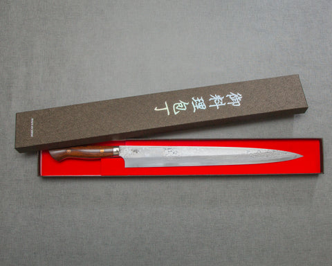 Yoshihiro Yauji Aogami #2 Mirror Damascus 330mm Yanagiba with Ironwood Handle