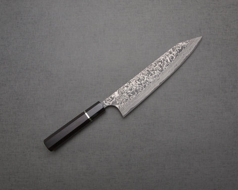 Takeshi Saji R2/SG2 Black Damascus 240mm Kiritsuke with Silver Ring Buffalo Horn Handle