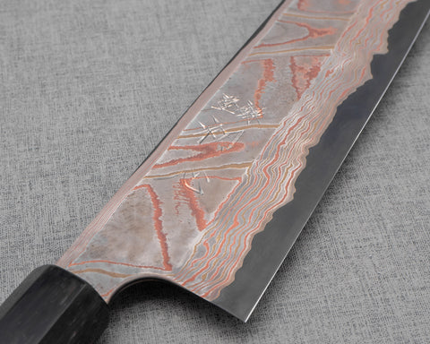 Hatsukokoro / Nigara Aogami #2 Kurosome Colored Damascus 270mm Kiritsuke Gyuto with Ebony Black Buffalo Horn Handle