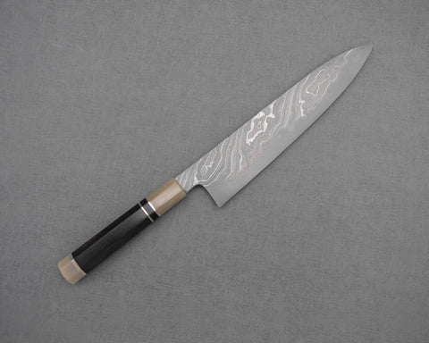 Shoichi Hashimoto "Yuzan" Aogami #2 / Shirogami #2 Coreless Twisted Damascus 240mm Gyuto with Ebony Marble Buffalo Horn Handle