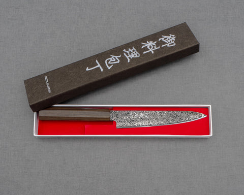 Photo of Hatsukokoro "Saihyo" R2/SG2 Damascus Kurosome 150mm Petty