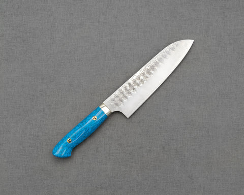 Yoshimi Kato R2/SG2 Tsuchime 180mm Santoku with Blue Turquoise Handle