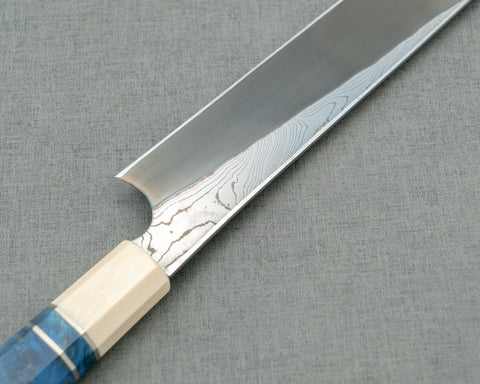Nigara Aogami #2 Migaki Twisted Mirror Damascus 300mm Kiritsuke Yanagiba with Ivory / Blue Stabilized Wood Handle