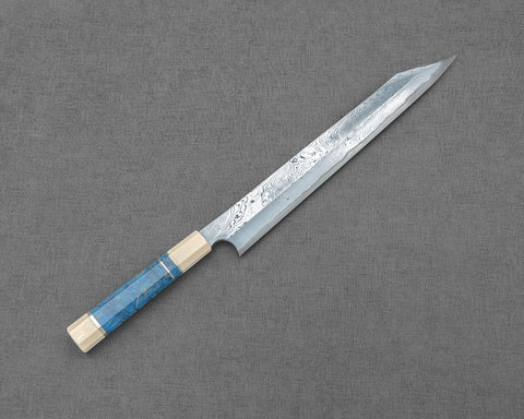 Nigara Aogami #2 Migaki Twisted Mirror Damascus 300mm Kiritsuke Yanagiba with Ivory / Blue Stabilized Wood Handle