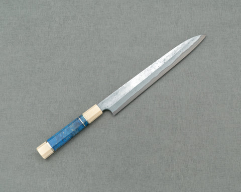 Nigara Aogami #2 Migaki Twisted Mirror Damascus 270mm Yanagiba with Ivory / Blue Stabilized Wood Handle
