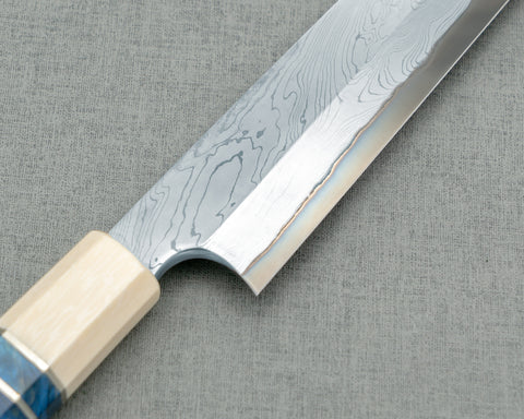 Nigara Aogami #2 Migaki Twisted Mirror Damascus 270mm Yanagiba with Ivory / Blue Stabilized Wood Handle