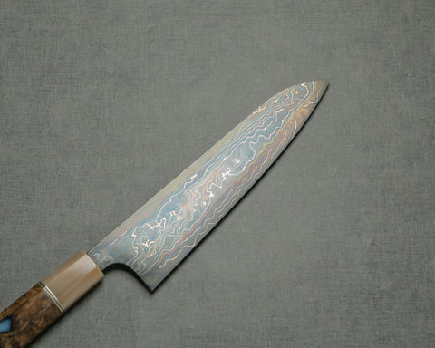 Nigara "Kagetora" Aogami #2 / Shirogami #2 Coreless Colored Damascus 210mm Gyuto with Brown Stabilized Wood Handle
