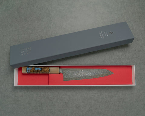 Nigara "Kagetora" Aogami #2 / Shirogami #2 Coreless Colored Damascus 210mm Gyuto with Brown Stabilized Wood Handle