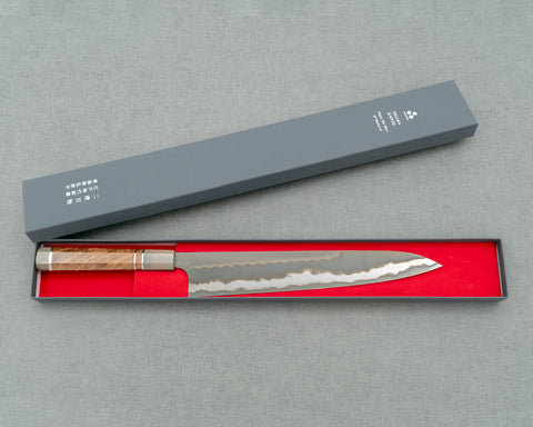 Nigara Aogami #2 Honyaki 鑽石拋光 300 毫米 Gyuto 帶白色水牛角 / 紅木手柄
