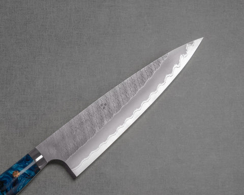 Nigara "Ryky x Jet Li" Limited Edition Aogami Super Matt Migaki Tsuchime 210mm Gyuto with Polished Nautical Blue Acrylic Handle