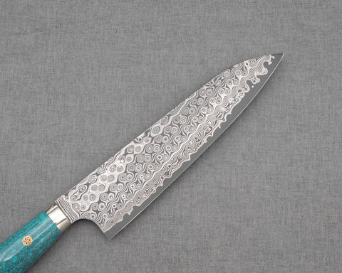 Nigara "Anmon" R2/SG2 49 Layers Kurosome Damascus 210mm Gyuto with Green Turquoise Handle